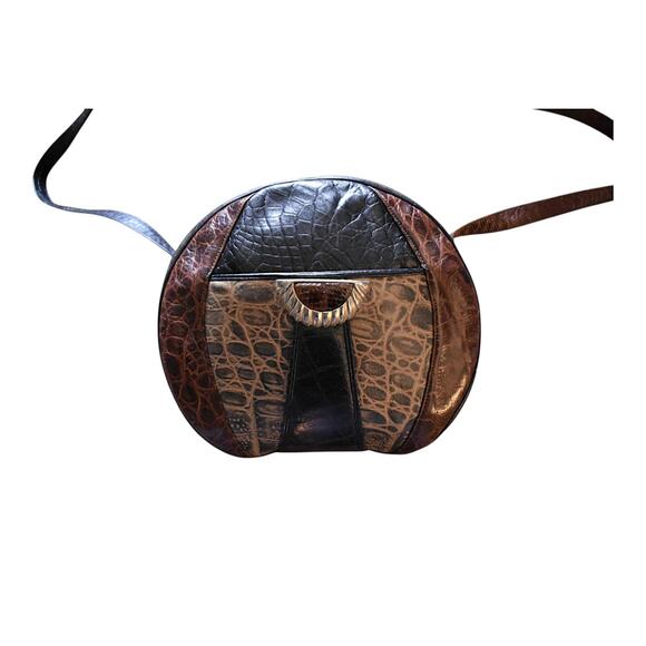 Vintage 80s Sharif Faux Animal Reptile Skins Brown Black Tan Canteen Purse Bag - Picture 1 of 9